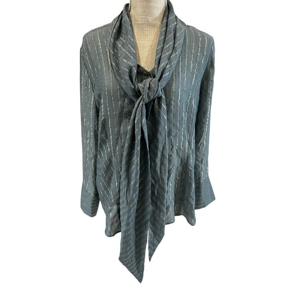 Chicos Black Label Metallic Striped Teal Button-Down Blouse With Tie Neck Size 2 - Picture 1 of 12